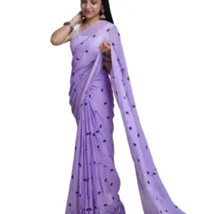 Women's Linen Printed Saree with Blouse – Dark Purple