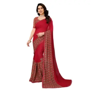 Women's Georgette Printed Saree with Blouse – Red