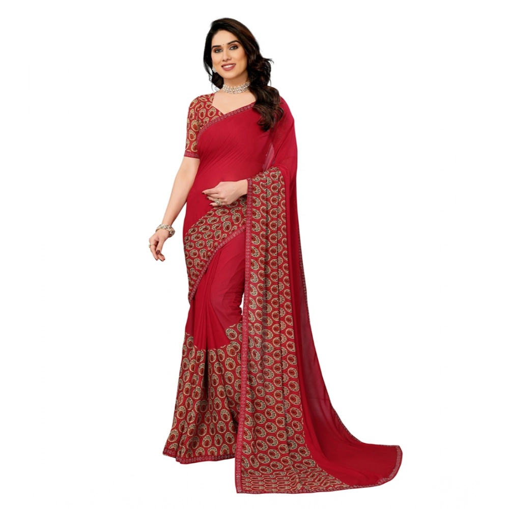 Women's Georgette Printed Saree with Blouse – Red