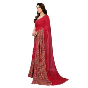 Women's Georgette Printed Saree with Blouse – Red