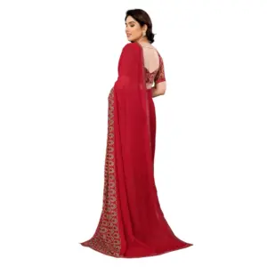 Women's Georgette Printed Saree with Blouse – Red
