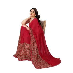 Women's Georgette Printed Saree with Blouse – Red
