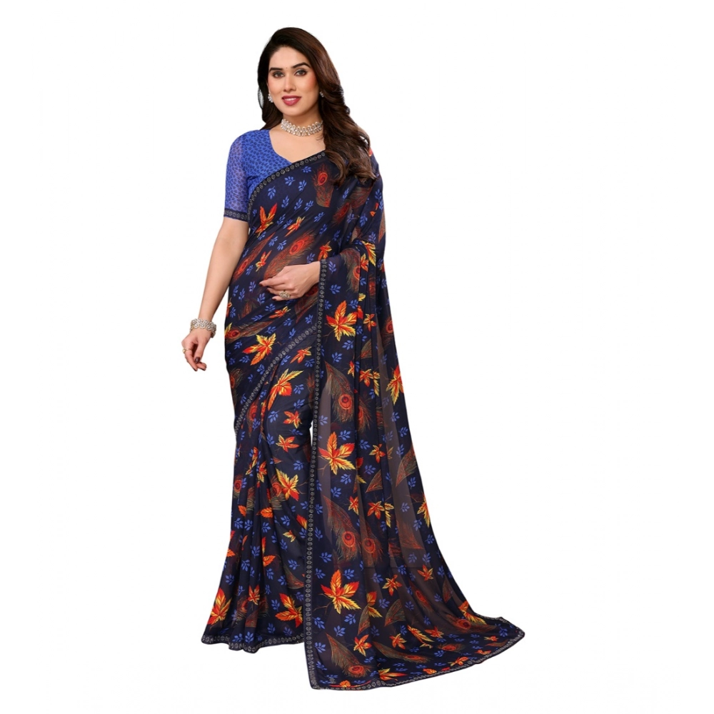 Women's Georgette Printed Saree with Blouse – Blue