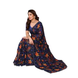 Women's Georgette Printed Saree with Blouse – Blue