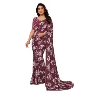 Women's Georgette Printed Saree with Blouse – Brown