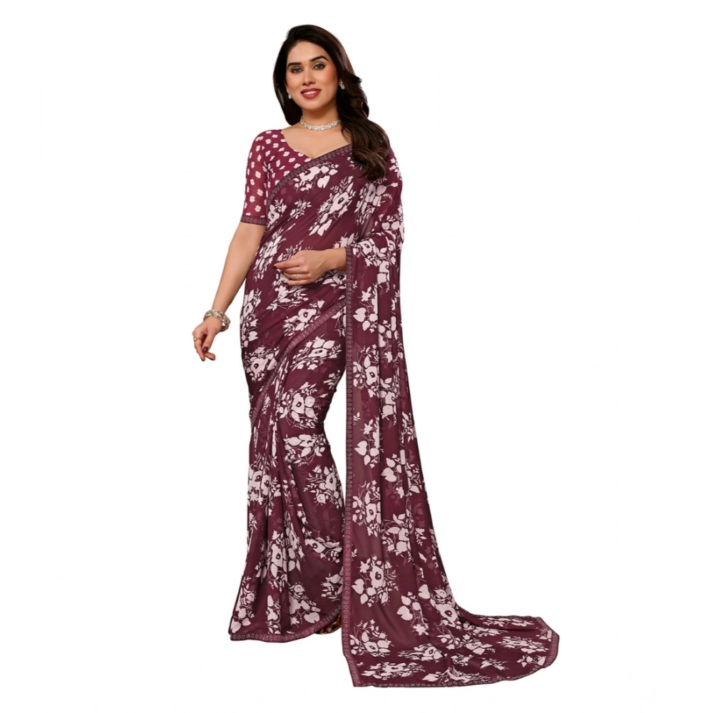 Women's Georgette Printed Saree with Blouse – Brown