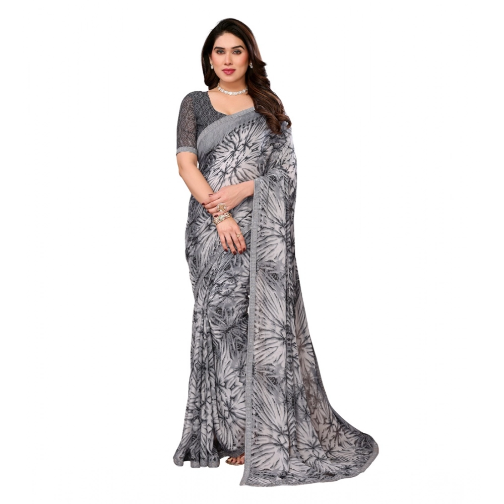 Women's Georgette Printed Saree with Blouse – Grey