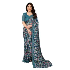 Women's Georgette Printed Saree with Blouse – Sky Blue