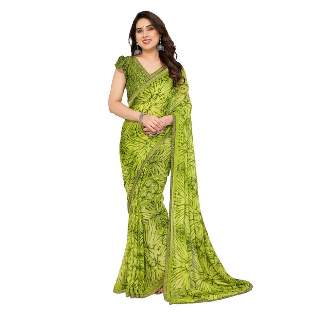 Women's Georgette Printed Saree with Blouse – Mehendi Green