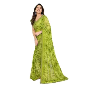 Women's Georgette Printed Saree with Blouse – Mehendi Green