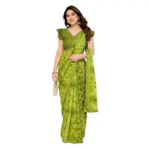 Women's Georgette Printed Saree with Blouse – Mehendi Green