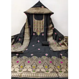 Generic Women's Banarasi Silk Printed Unstitched Salwar Suit Material With Dupatta (Black, 3Mtrs)