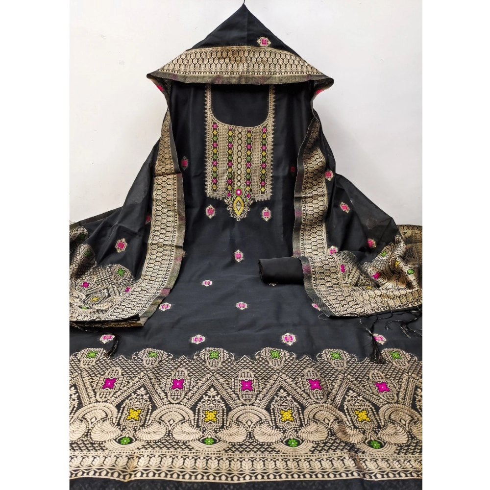Generic Women's Banarasi Silk Printed Unstitched Salwar Suit Material With Dupatta (Black, 3Mtrs)
