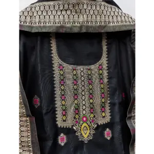 Generic Women's Banarasi Silk Printed Unstitched Salwar Suit Material With Dupatta (Black, 3Mtrs)