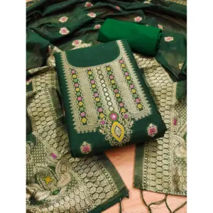 Generic Women's Banarasi Silk Printed Unstitched Salwar Suit Material With Dupatta (Bottle Green, 3Mtrs)