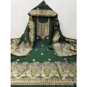Generic Women's Banarasi Silk Printed Unstitched Salwar Suit Material With Dupatta (Bottle Green, 3Mtrs)