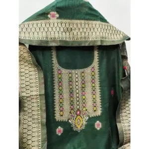Generic Women's Banarasi Silk Printed Unstitched Salwar Suit Material With Dupatta (Bottle Green, 3Mtrs)