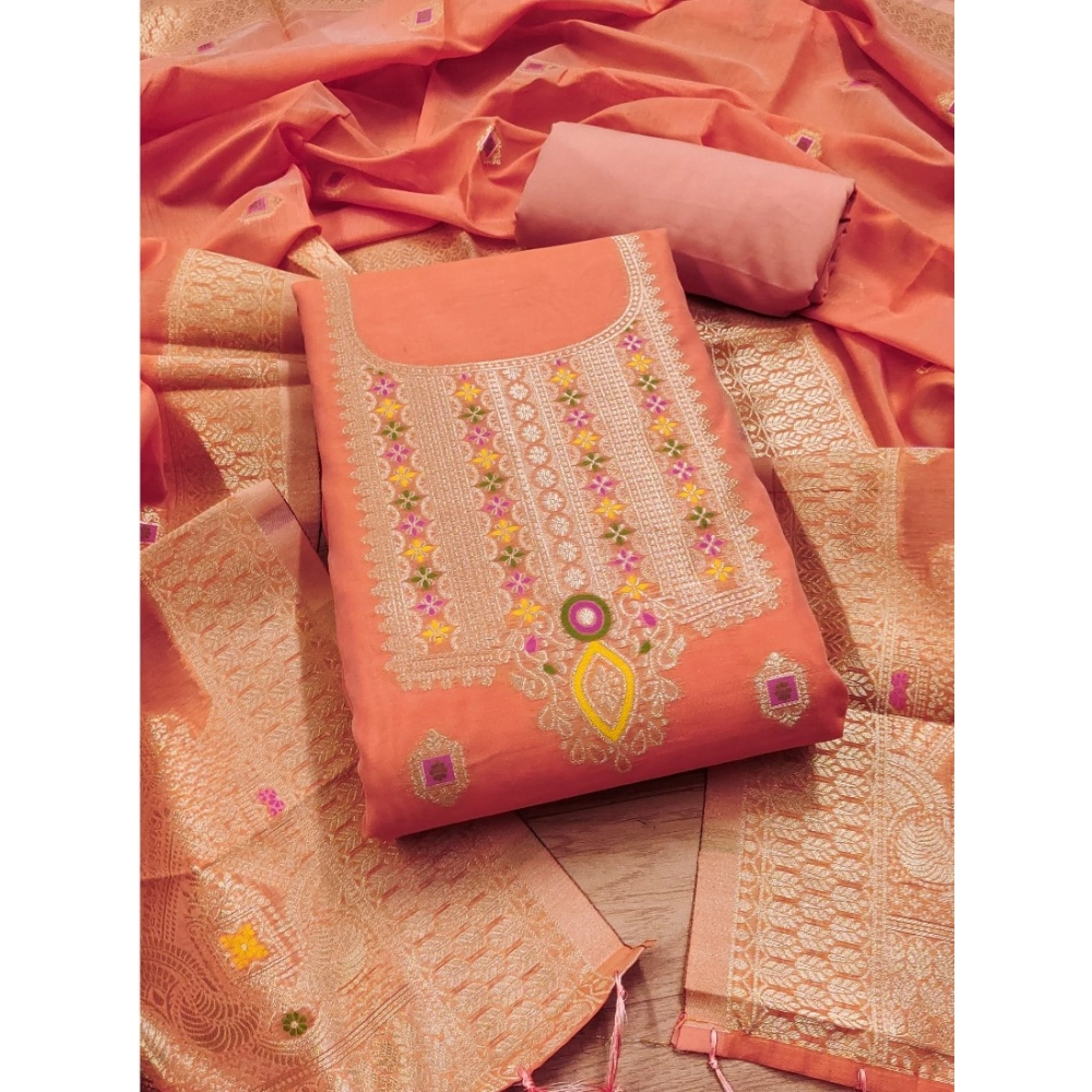 Generic Women's Banarasi Silk Printed Unstitched Salwar Suit Material With Dupatta (Peach, 3Mtrs)