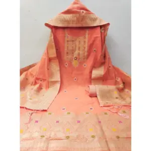Generic Women's Banarasi Silk Printed Unstitched Salwar Suit Material With Dupatta (Peach, 3Mtrs)