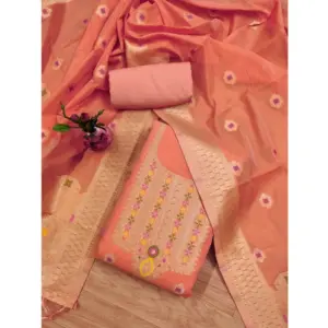 Generic Women's Banarasi Silk Printed Unstitched Salwar Suit Material With Dupatta (Peach, 3Mtrs)