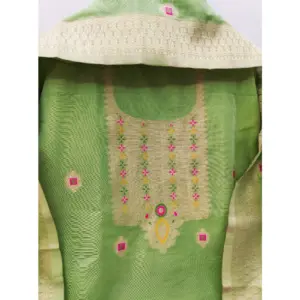 Generic Women's Banarasi Silk Printed Unstitched Salwar Suit Material With Dupatta (Pista, 3Mtrs)