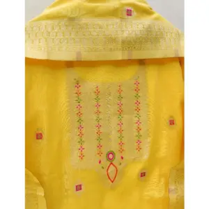 Generic Women's Banarasi Silk Printed Unstitched Salwar Suit Material With Dupatta (Yellow, 3Mtrs)