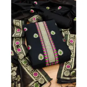 Generic Women's Banarasi Silk Printed Unstitched Salwar Suit Material With Dupatta (Black, 3Mtrs)