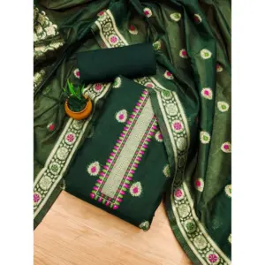 Generic Women's Banarasi Silk Printed Unstitched Salwar Suit Material With Dupatta (Bottle Green, 3Mtrs)