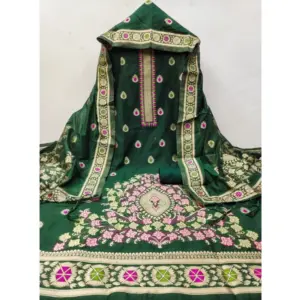 Generic Women's Banarasi Silk Printed Unstitched Salwar Suit Material With Dupatta (Bottle Green, 3Mtrs)