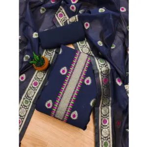 Generic Women's Banarasi Silk Printed Unstitched Salwar Suit Material With Dupatta (Navy Blue, 3Mtrs)