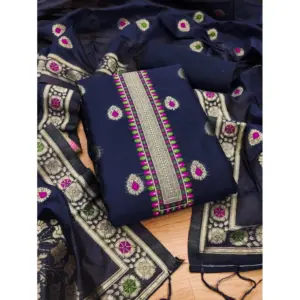 Generic Women's Banarasi Silk Printed Unstitched Salwar Suit Material With Dupatta (Navy Blue, 3Mtrs)