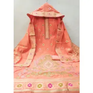 Generic Women's Banarasi Silk Printed Unstitched Salwar Suit Material With Dupatta (Peach, 3Mtrs)