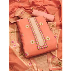 Generic Women's Banarasi Silk Printed Unstitched Salwar Suit Material With Dupatta (Peach, 3Mtrs)