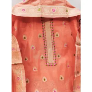 Generic Women's Banarasi Silk Printed Unstitched Salwar Suit Material With Dupatta (Peach, 3Mtrs)