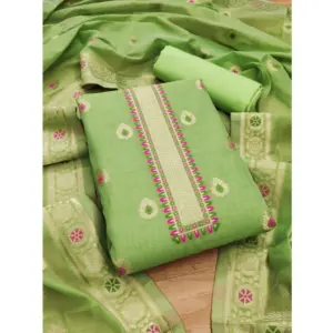 Generic Women's Banarasi Silk Printed Unstitched Salwar Suit Material With Dupatta (Pista, 3Mtrs)
