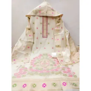 Generic Women's Banarasi Silk Printed Unstitched Salwar Suit Material With Dupatta (White, 3Mtrs)