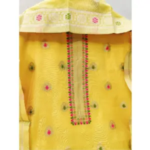 Generic Women's Banarasi Silk Printed Unstitched Salwar Suit Material With Dupatta (Yellow, 3Mtrs)