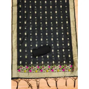Generic Women's Banarasi Silk Printed Unstitched Salwar Suit Material With Dupatta (Black, 3Mtrs)