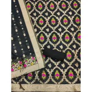 Generic Women's Banarasi Silk Printed Unstitched Salwar Suit Material With Dupatta (Black, 3Mtrs)