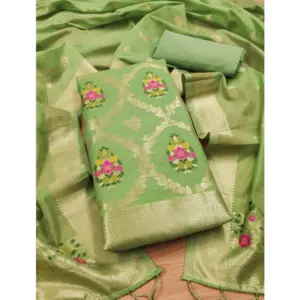 Generic Women's Banarasi Silk Printed Unstitched Salwar Suit Material With Dupatta (Pista, 3Mtrs)