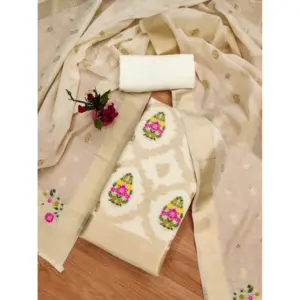 Generic Women's Banarasi Silk Printed Unstitched Salwar Suit Material With Dupatta (White, 3Mtrs)