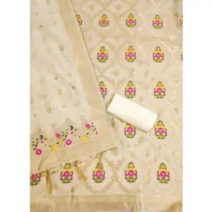 Generic Women's Banarasi Silk Printed Unstitched Salwar Suit Material With Dupatta (White, 3Mtrs)