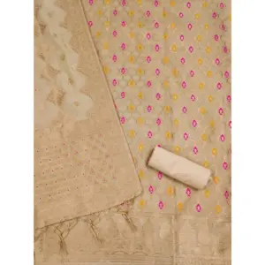 Generic Women's Banarasi Silk Printed Unstitched Salwar Suit Material With Dupatta (Cream, 3Mtrs)