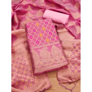 Generic Women's Banarasi Silk Printed Unstitched Salwar Suit Material With Dupatta (Pink, 3Mtrs)