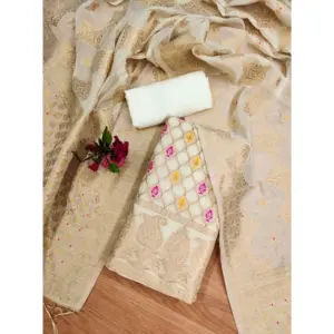 Generic Women's Banarasi Silk Printed Unstitched Salwar Suit Material With Dupatta (White, 3Mtrs)