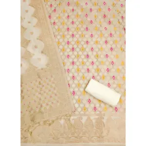 Generic Women's Banarasi Silk Printed Unstitched Salwar Suit Material With Dupatta (White, 3Mtrs)