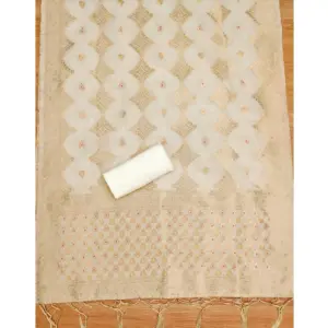 Generic Women's Banarasi Silk Printed Unstitched Salwar Suit Material With Dupatta (White, 3Mtrs)