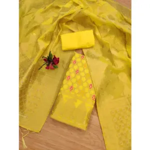 Generic Women's Banarasi Silk Printed Unstitched Salwar Suit Material With Dupatta (Yellow, 3Mtrs)