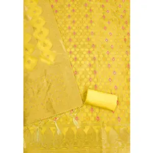 Generic Women's Banarasi Silk Printed Unstitched Salwar Suit Material With Dupatta (Yellow, 3Mtrs)
