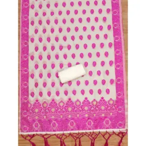 Generic Women's Banarasi Silk Printed Unstitched Salwar Suit Material With Dupatta (Pink, 3Mtrs)